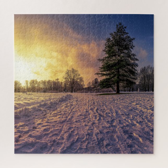 Puzzle Atardecer sobre el nevado parque invernal (Vertical)