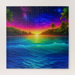 Puzzle Atardecer tropical colorido en el océano con palme