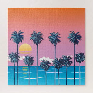 Puzzle Atardecer tropical: Ilustracion de playa vintage