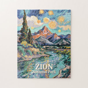 Puzzle Atardecer vibrante en el río Zion Retro Van Gogh W