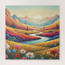 Puzzle Atardecer Vibrante Paisaje Montañoso Moderno y Flo