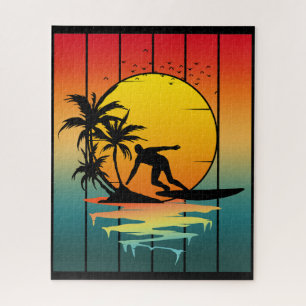 Puzzle Atardecer Vintage Surfing Surfista Océano Oleaje