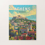 Puzzle Atenas Grecia Viajes arte Vintage<br><div class="desc">Diseño de viaje vectorial retro en Atenas. La ciudad sigue dominada por monumentos del siglo V a.C.,  incluida la Acrópolis,  una ciudadela en lo alto de una colina coronada por antiguos edificios como el templo del Partenón.</div>