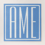 Puzzle Audaz Monograma Moderno 3 Iniciales | Azul suave<br><div class="desc">Texto blanco y marco blanco sobre azul cielo (o elige tu propio color).</div>