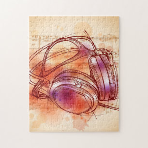 Puzzle Auriculares en un fondo y notas de la acuarela