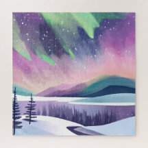 Aurora boreal noche de invierno colorida | Acuarel