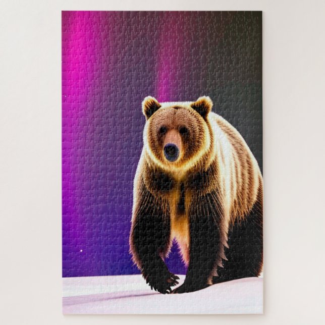 Puzzle Aurora Boreal rosa y oso grizzly de Alaskan (Vertical)