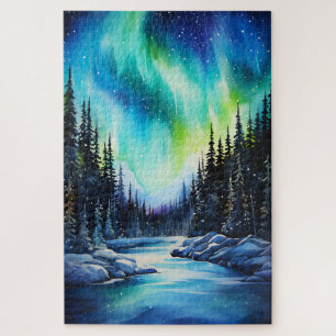 Puzzle Aurora borealis luces del norte acuarela