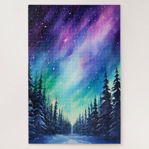 Puzzle Aurora borealis luces del norte acuarela