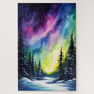Puzzle Aurora borealis luces del norte en acuarela