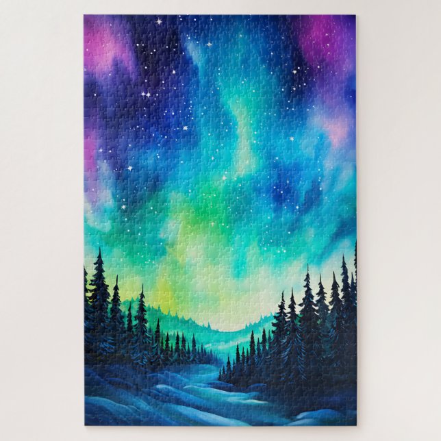 Puzzle Aurora borealis luces del norte en acuarela (Vertical)
