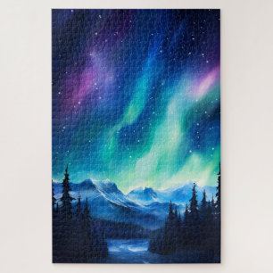 Puzzle Aurora borealis luces del norte en acuarela