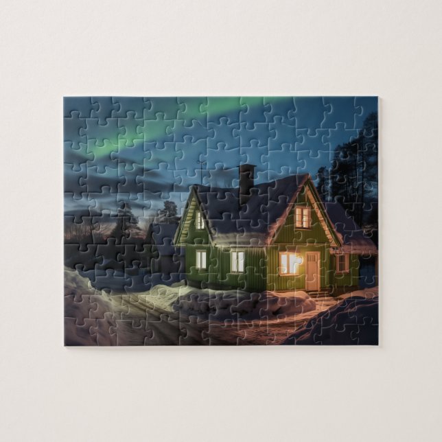 Puzzle Aurora borealis sobre la cabaña de invierno (Horizontal)