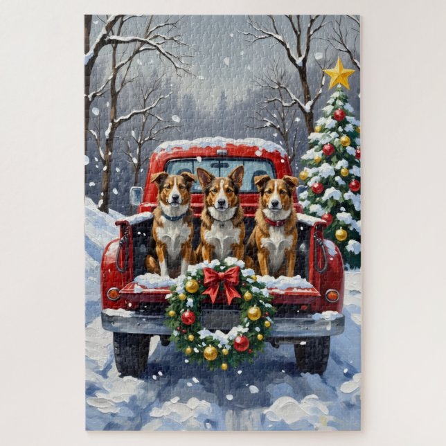 Puzzle Australian Cattle Dog Christmas Red Truck Holiday (Vertical)