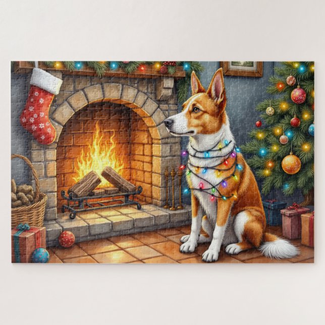 Puzzle Australian Kelpie Chimenea con Luces de Navidad (Horizontal)