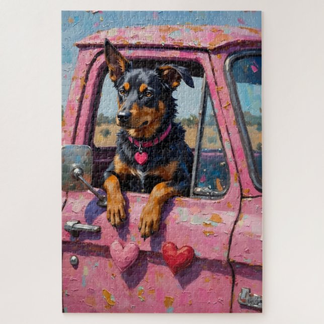 Puzzle Australian Kelpie Dog Valentine's Day Pink Ute (Vertical)