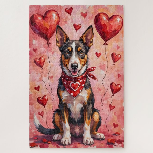 Puzzle Australian Kelpie Valentine Dog Art with Hearts (Vertical)