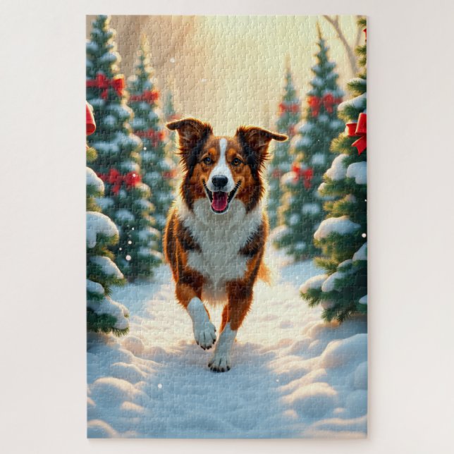 Puzzle Australian Shepherd Christmas Tree Farm Painting (Vertical)