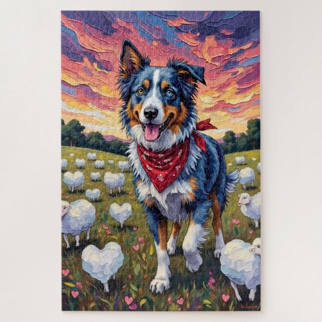 Puzzle Australian Shepherd Herding Heart-Grass Sheep (Vertical)