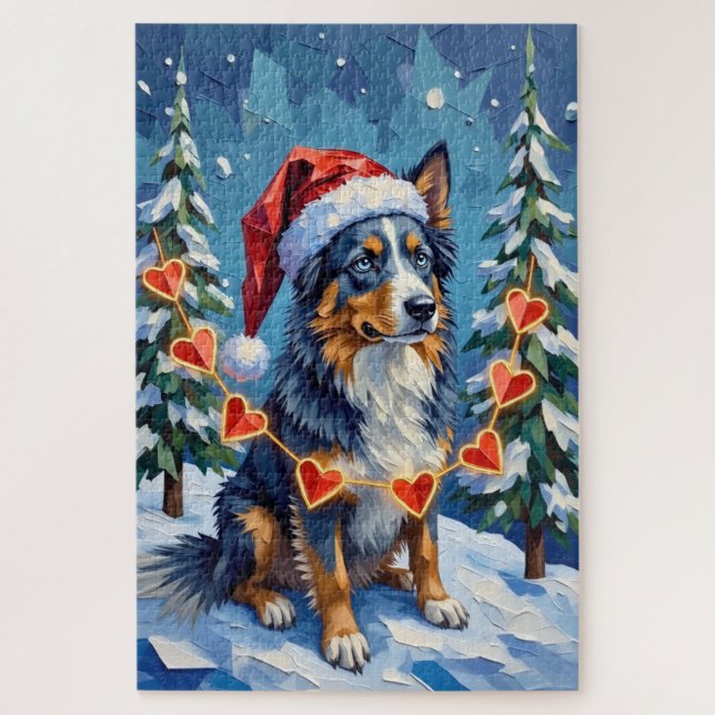 Puzzle Australian Shepherd Low-Poly Christmas Garland Hat (Vertical)