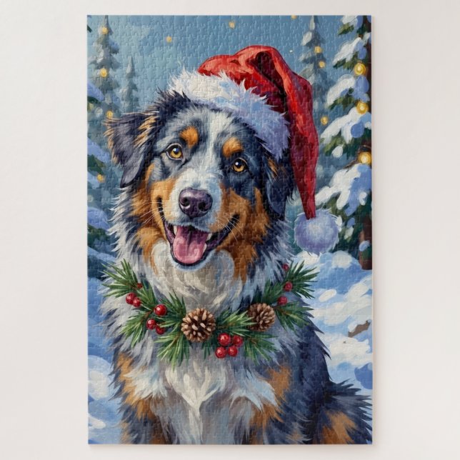Puzzle Australian Shepherd Merle Winter Christmas Art (Vertical)