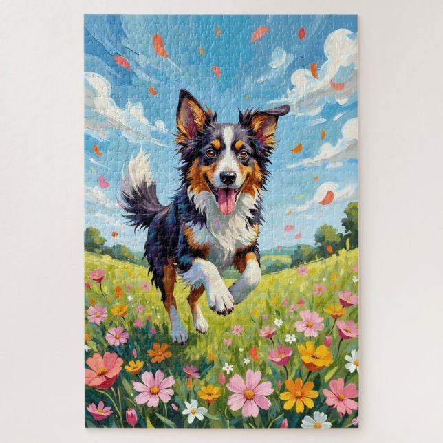 Puzzle Australian Shepherd Spring Wildflower Dog (Vertical)