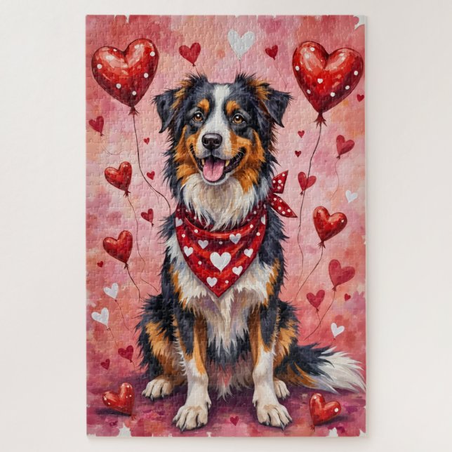 Puzzle Australian Shepherd Valentine Dog Art with Hearts (Vertical)