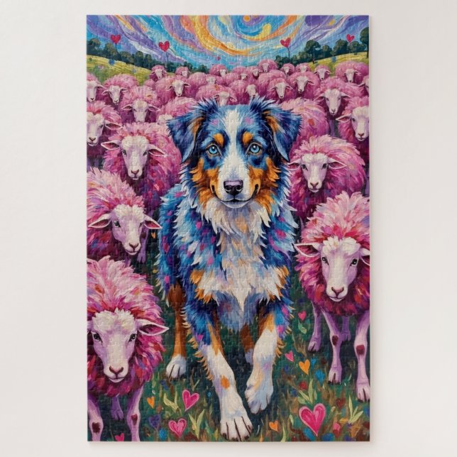 Puzzle Australian Shepherd Valentine's Day Herding Hearts (Vertical)