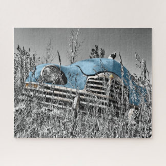Puzzle Auto azul vintage en campo de hierba