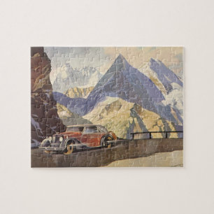 Puzzle Auto vintage en Mountain Road en invierno con niev