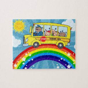 Puzzle Autobús escolar que conduce en un arco iris