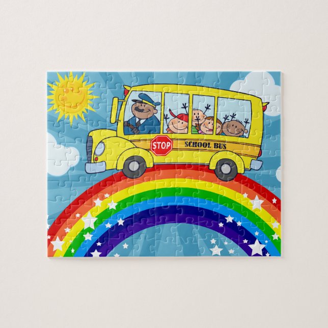 Puzzle Autobús escolar que conduce en un arco iris (Horizontal)