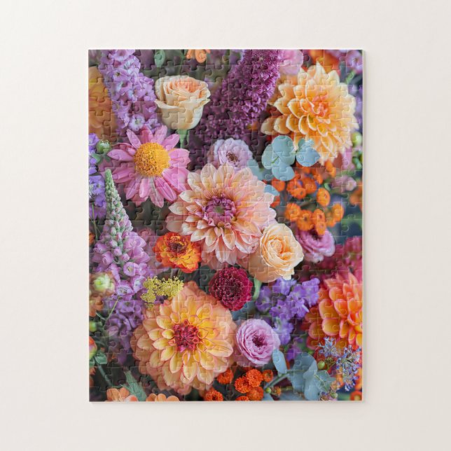 Puzzle Autumn Bouquet with Dahlias, Freesias, and Gerbera (Vertical)
