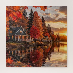 Puzzle Autumn Cabin by Golden Lake Fall Foliage Scene Art
