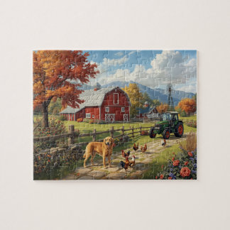 Puzzle Autumn Farm Dog Tractor Red Barn Fall Scene