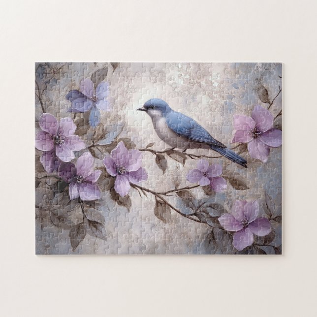 Puzzle Ave azul con flores moradas (Horizontal)
