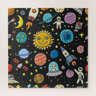 Puzzle Aventura espacial: planetas, patrón de cohetes.