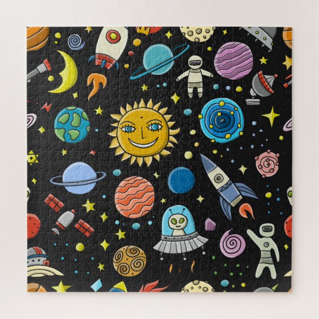 Puzzle Aventura espacial: planetas, patrón de cohetes. (Vertical)