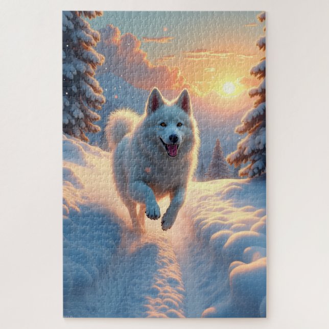 Puzzle Aventura Navideña del Samoyed en Montaña Nevada (Vertical)