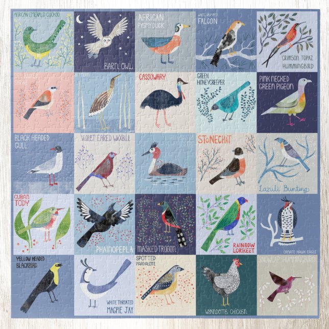 Puzzle Aves alrededor del mundo acuarela arte (Birds Around the World fun watercolor art jigsaw puzzle by Nic Squirrell)