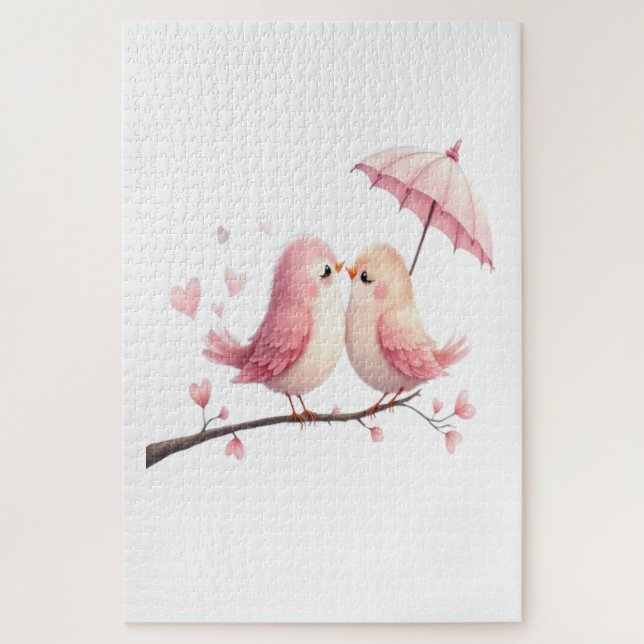 Puzzle Aves bajo un paraguas rosado (Vertical)