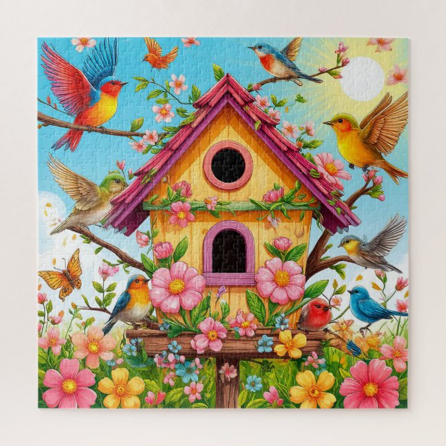 Puzzle Aves colgando alrededor de una casa de pájaros (Vertical)