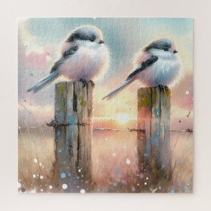 Puzzle Aves de acuarela pastel en un poste de cerca al at
