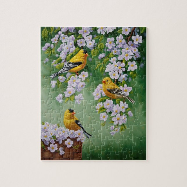 Puzzle Aves de Goldfinch y flores de Apple Blossom (Vertical)