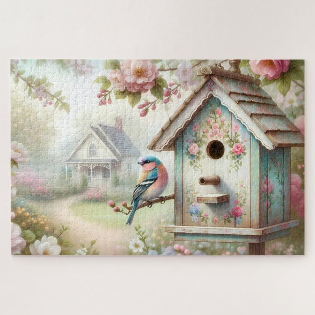 Puzzle Aves De Primavera Con Flores Pastel Y Ave (Horizontal)