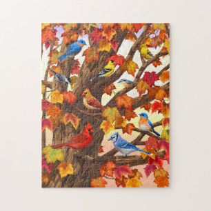 Puzzle Aves en el árbol de arce de otoño