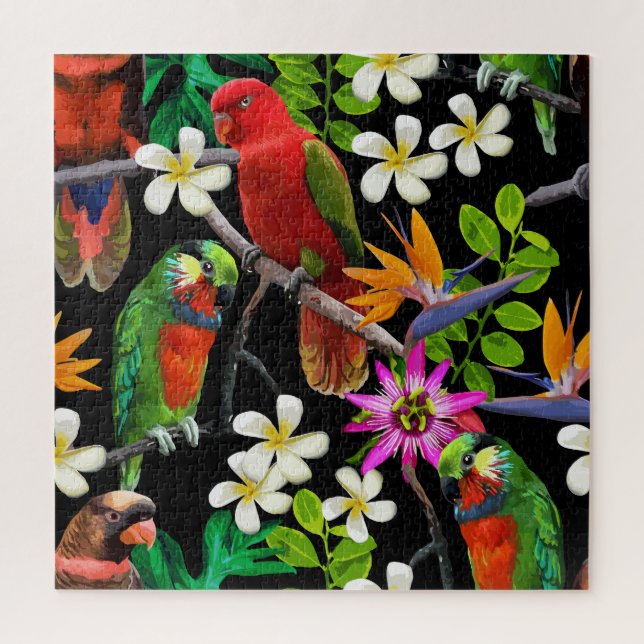 Puzzle Aves Exóticas Patrón de Flores Hermosas (Vertical)