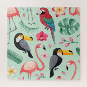 Puzzle Aves tropicales, flores, acuarela.