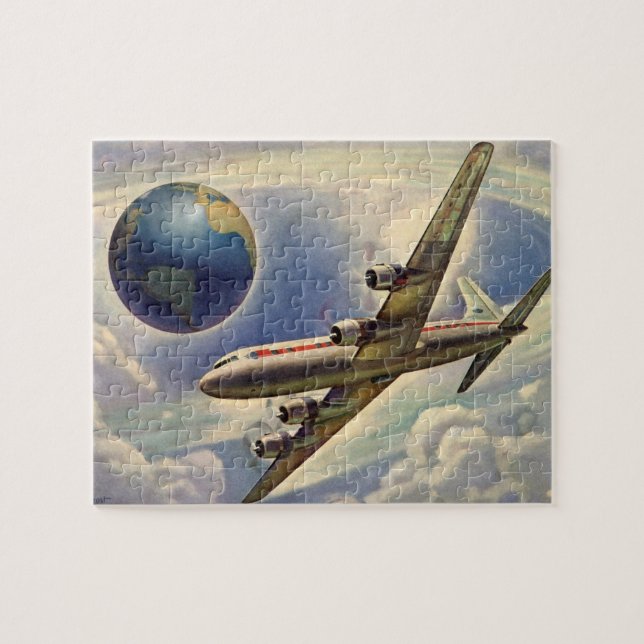 Puzzle Avión de época volando por el mundo en nubes (Horizontal)