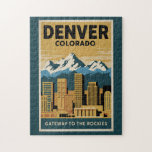 Puzzle Aviso de viaje de Denver Colorado Skyline<br><div class="desc">Diseño de viaje vector retro Denver. Denver,  la capital de Colorado,  es una metrópolis estadounidense que data de la era del Viejo Oeste. La plaza Larimer,  el bloque más antiguo de la ciudad,  cuenta con edificios emblemáticos del siglo XIX.</div>